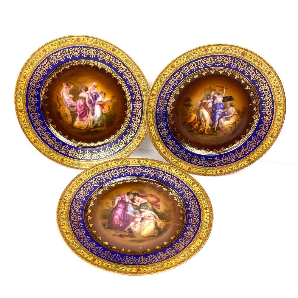 Set of 3 Antique Angelica Kauffman Style D.F.Czech Plates 61/4" Cobalt &Gold 22K